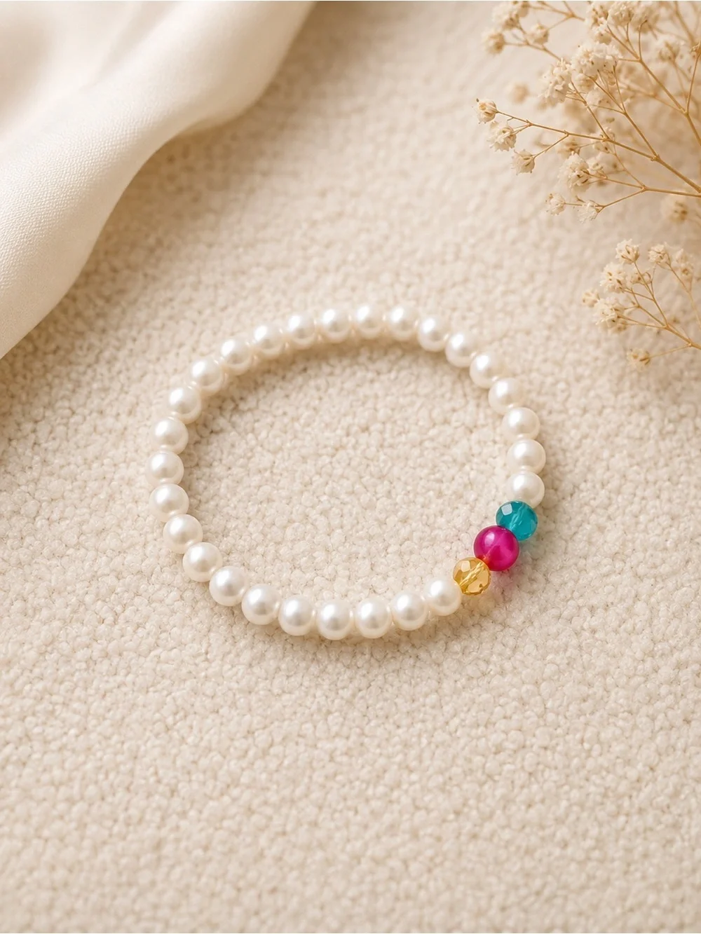 Pearl Bead Stretch Bracelet with Pink, Blue and Yellow Accent - Kids Accessories